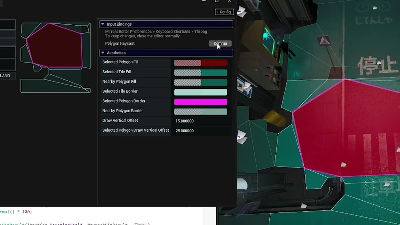 Unreal Engine navmesh debugger showing a selected navigation polygon, neighboring tiles, and color configuration controls.