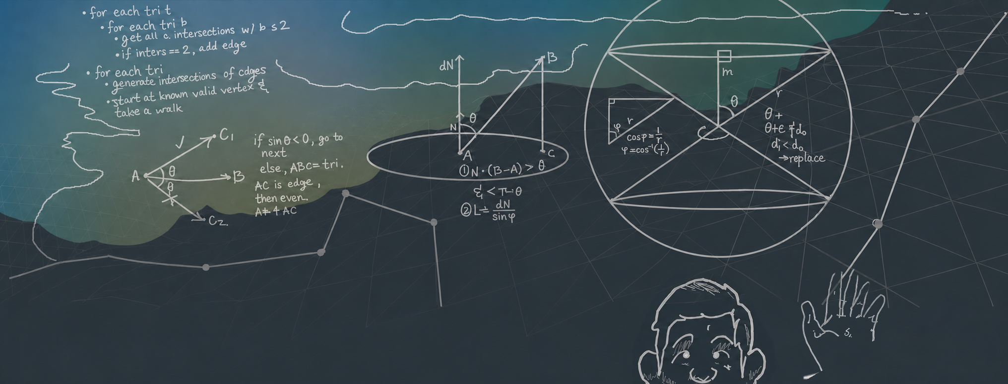 Hand-drawn portrait and waving hand of Trace Myers beside technical sketches and geometric diagrams.